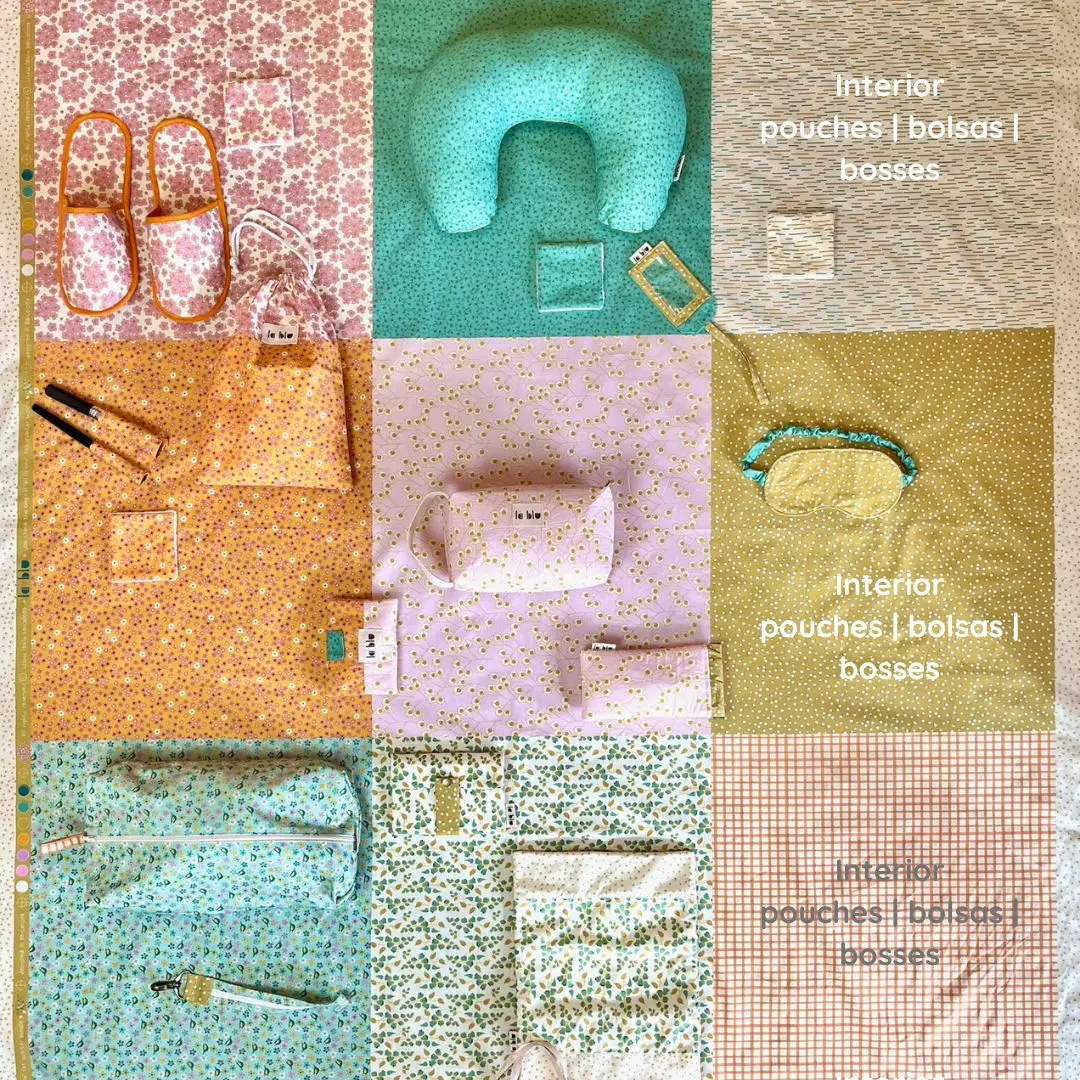 Cada proyecto del set de viaje colocado sobre su fat quarter – rendimiento del panel All in One Sweet June de la blu