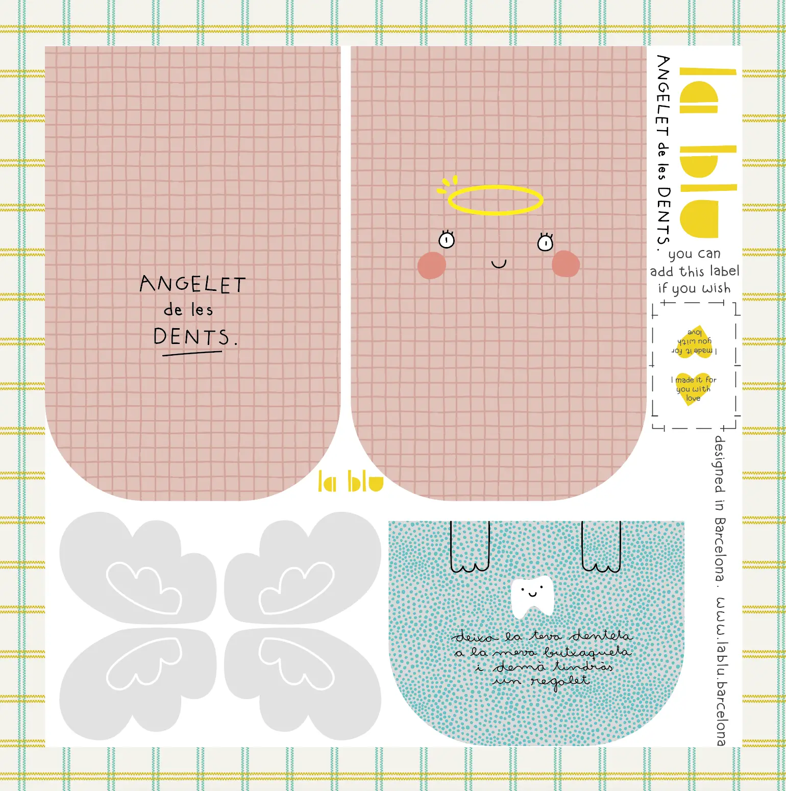 Panel de tela para cortar y coser para coser la bolsita del Angelet de les Dents para cuando les caen los dientes a los niños.