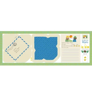 Panel de tela de LA BLU para coser la Carta a los Reyes Magos. El panel contiene el sobre, el sello y el papel para escribir. El tutorial paso a paso se encuentra en el canal de YouTube de La blu.