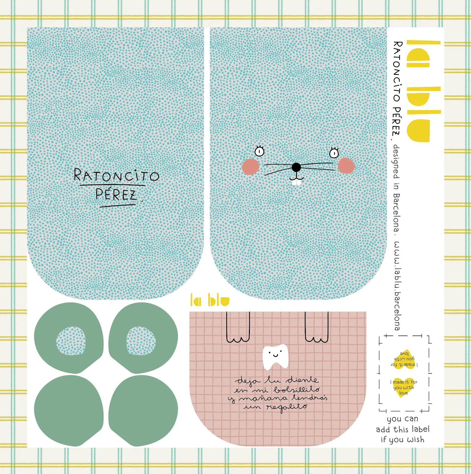 Panel de cortar y coser del Ratoncito Pérez de La Blu, con las piezas de la bolsita para los dientes estampadas en la tela