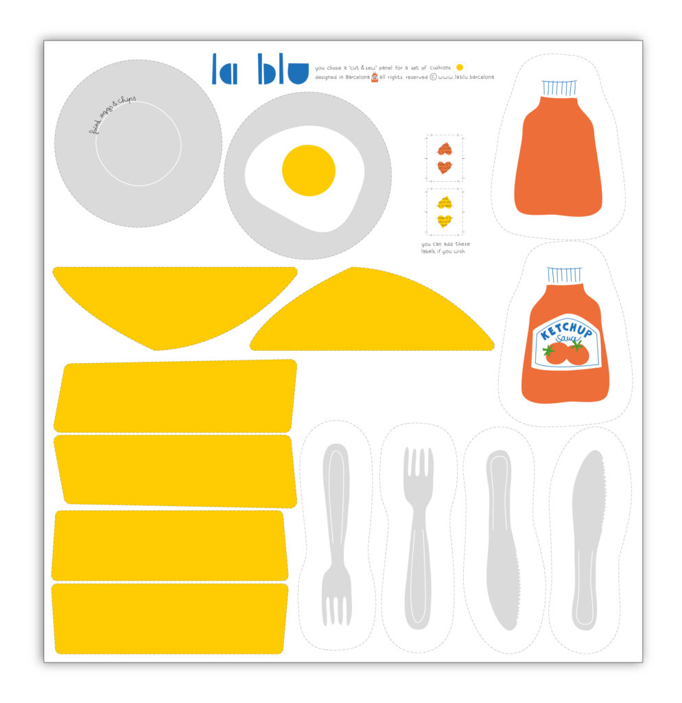 Panel de Cortar y Coser Cojines Fried Eggs de la blu – todas las piezas cortadas