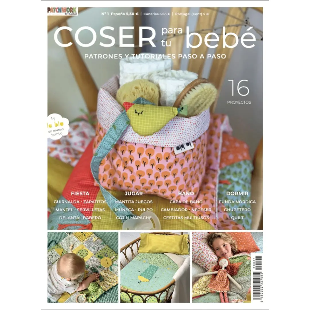 Portada de la revista Coser para tu Bebé, que contiene 16 proyectos diseñados por LA BLU con patrones y tutoriales paso a paso.