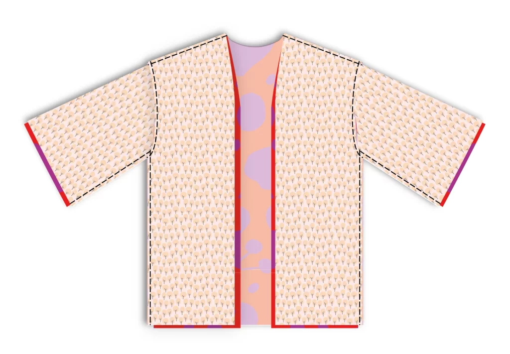 Fijar con alfileres las dos capas del kimono reversible haciendo coincidir los bordes