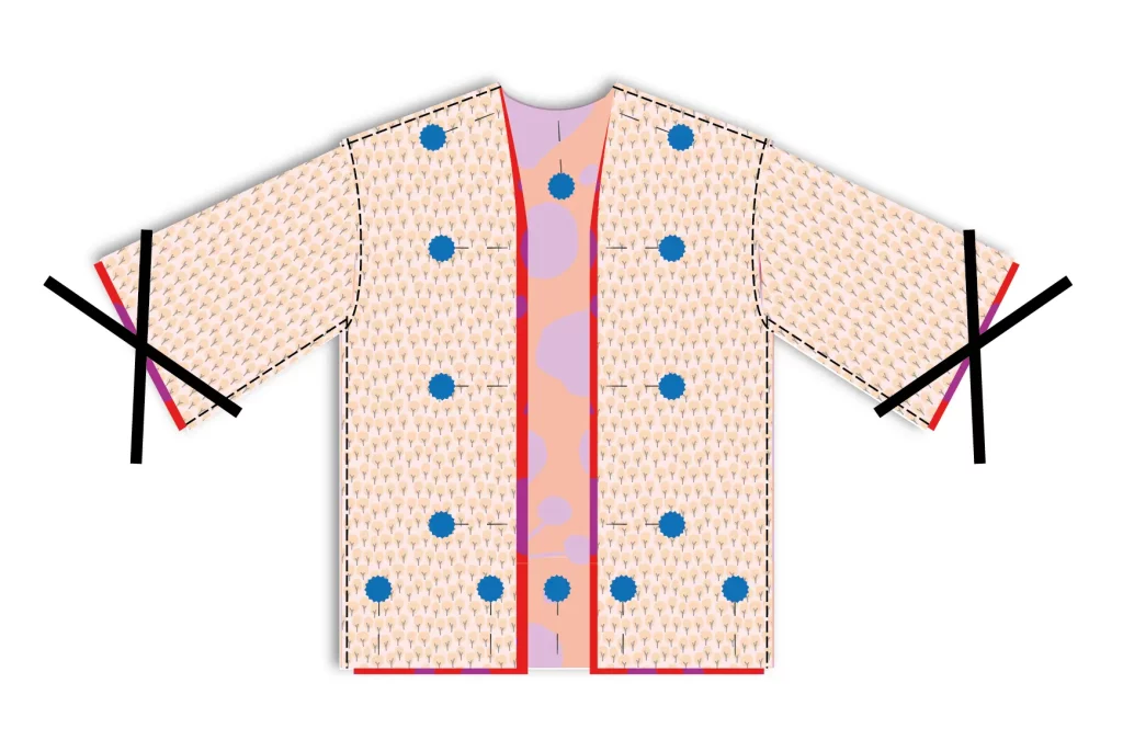 Pespunte de asentamiento en laterales y cuello del kimono reversible – no coser bajo ni bocas de manga