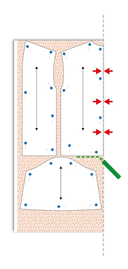 Posición correcta del patrón del kimono sobre la tela doblada: pieza trasera en la doblez