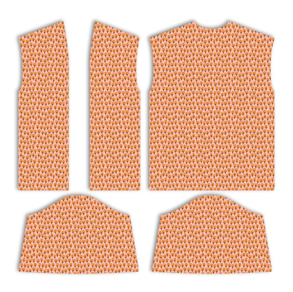 Las 5 piezas resultantes del patrón del kimono reversible: una trasera, dos delanteros y dos mangas